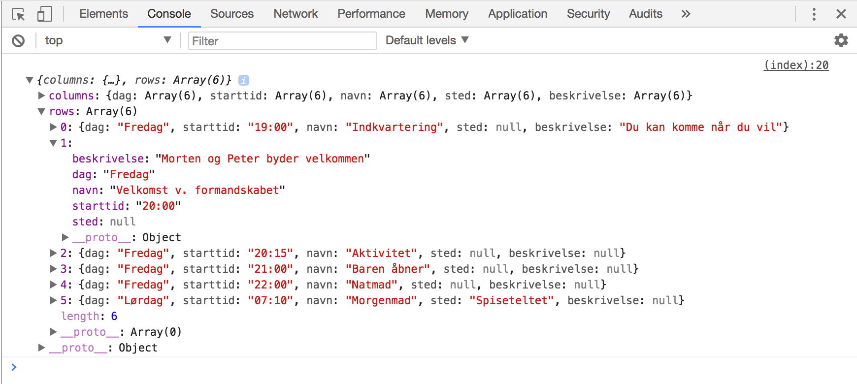 Screenshot of the JSON output in the developer console